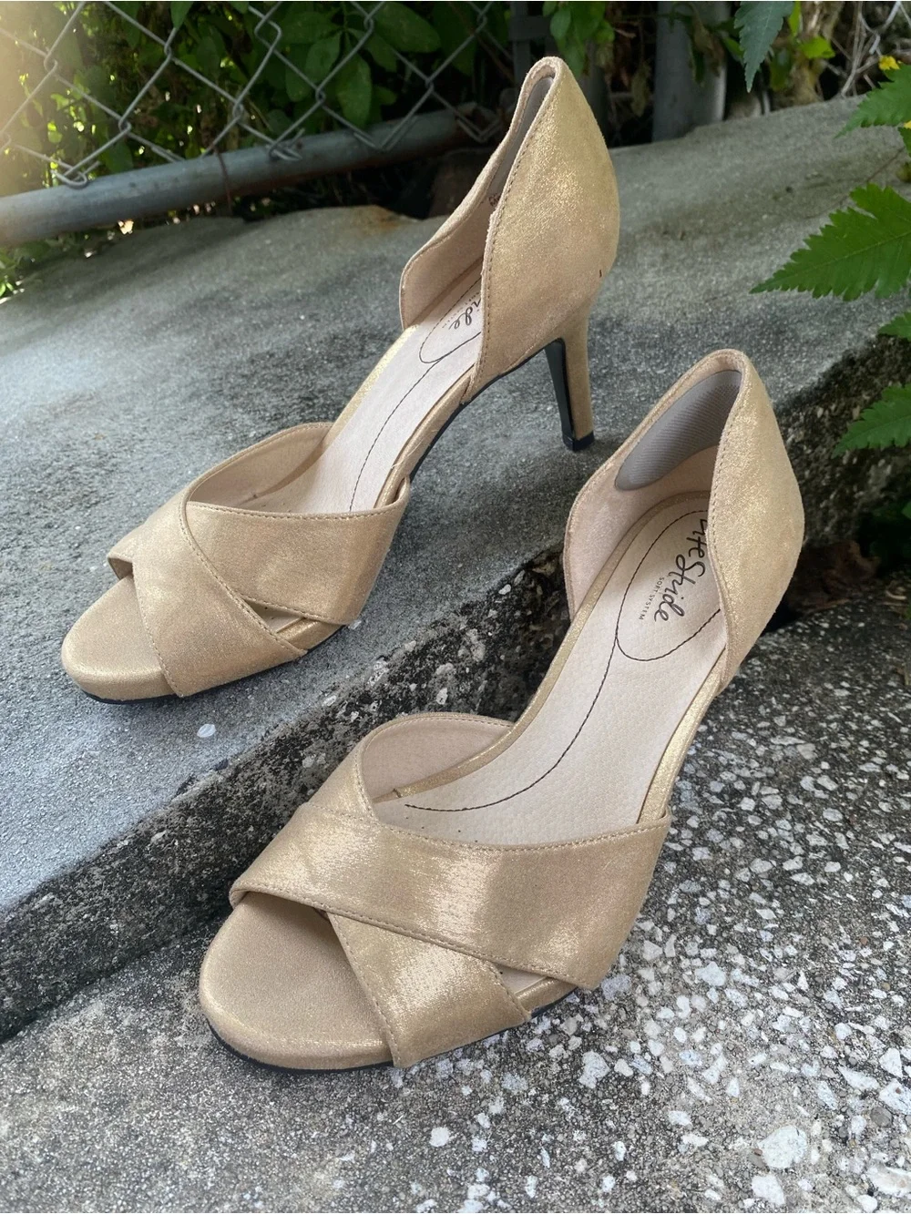 Lifestride Champagne Gold Metallic Peep-Toe Cross-Strap Heels